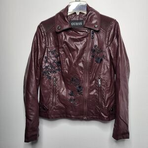 Guess Jacket Women's L Burgundy Moto Faux Leather Embroidered Full Zip Insulated